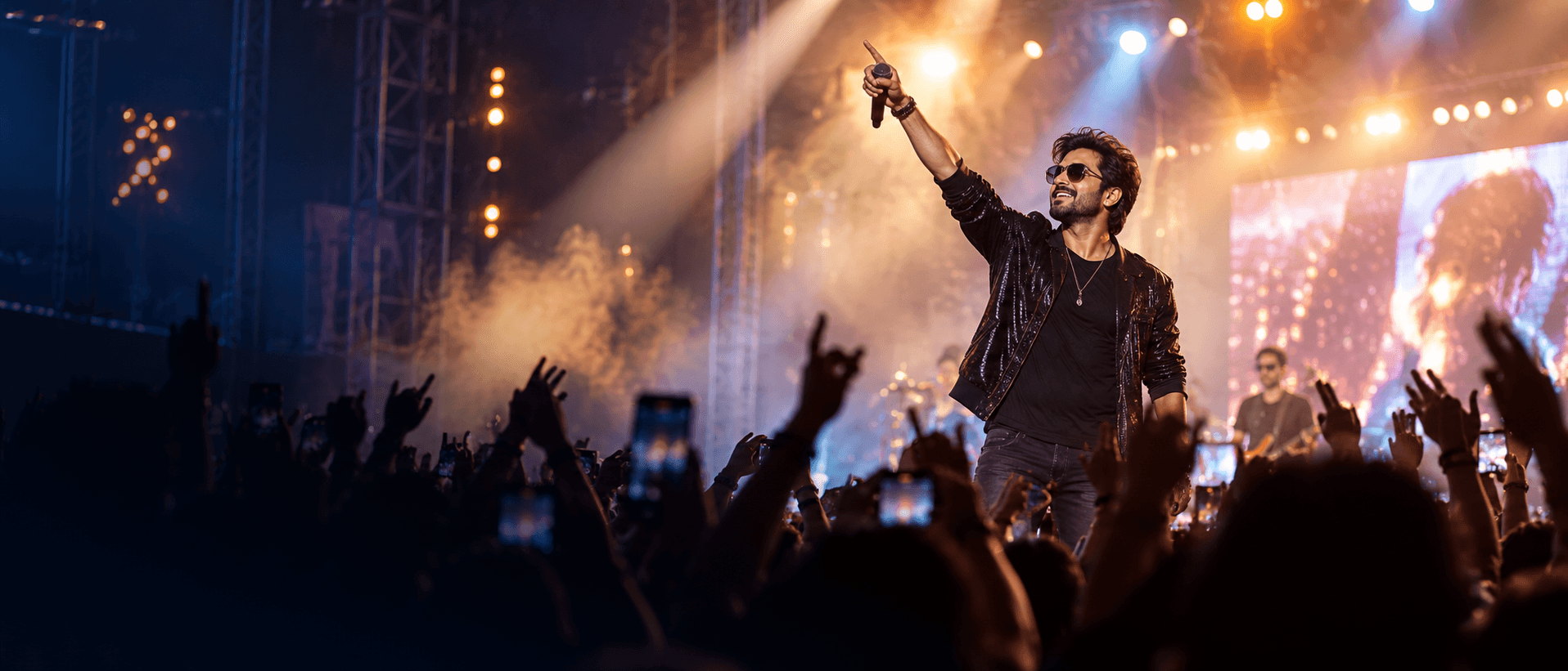 A performer on stage in front of a cheering crowd