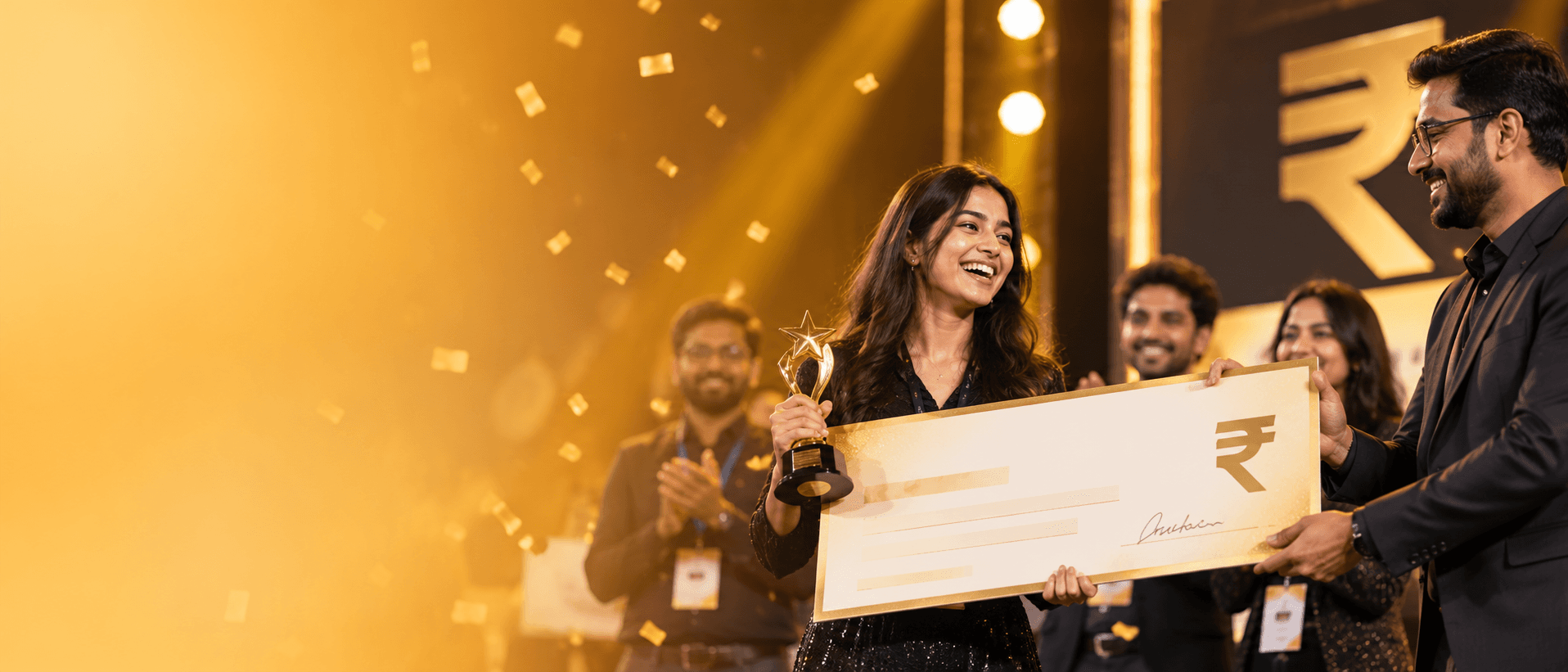A winner receiving a prize cheque on stage