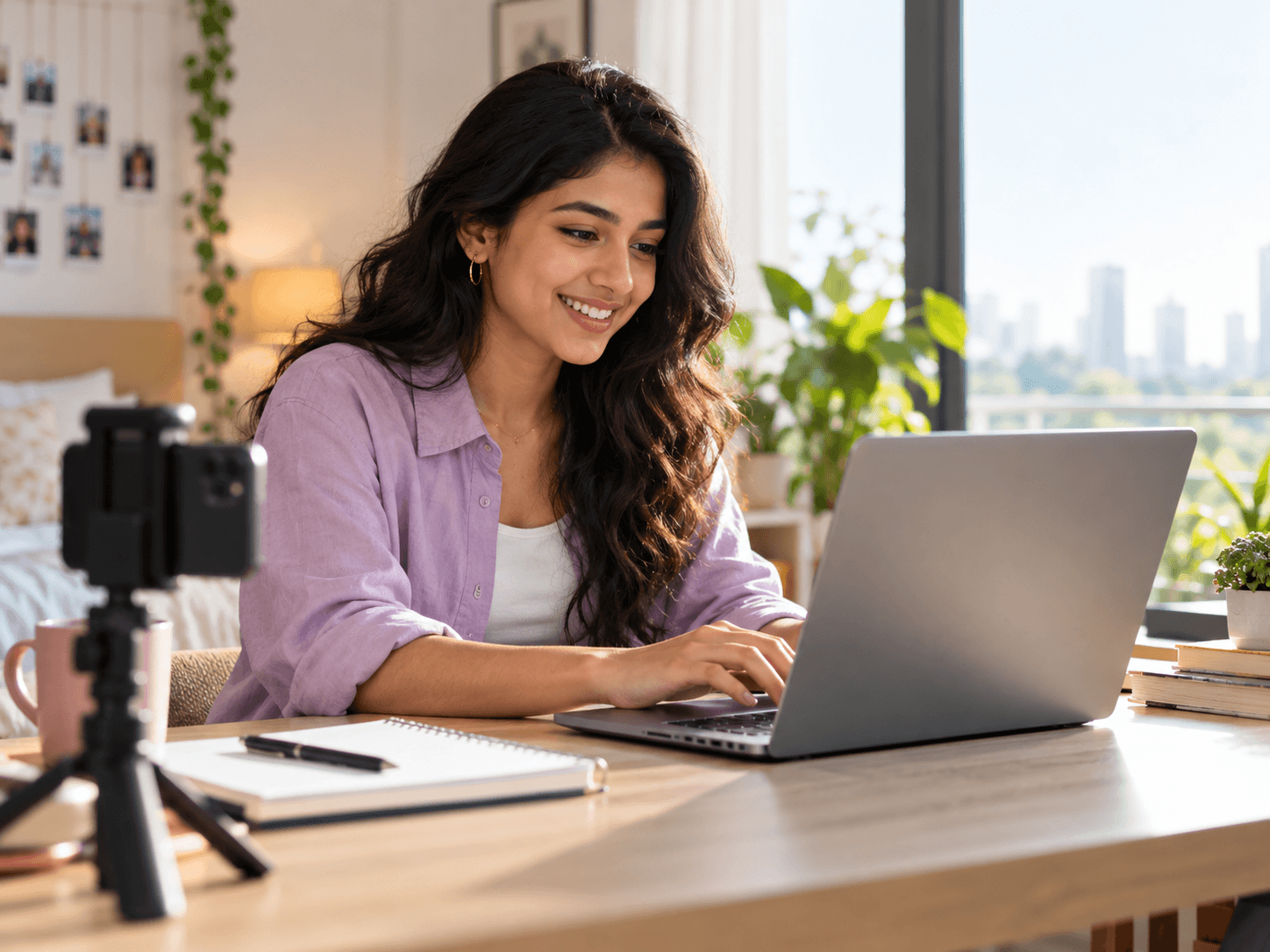 A creator working on her laptop beside a phone on a tripod