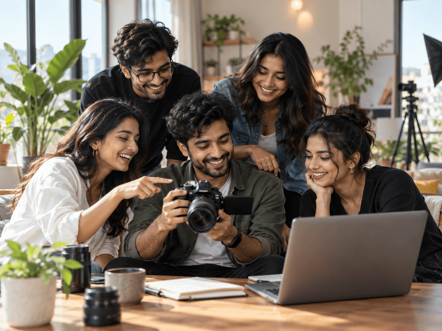Creators gathered around a camera and a laptop