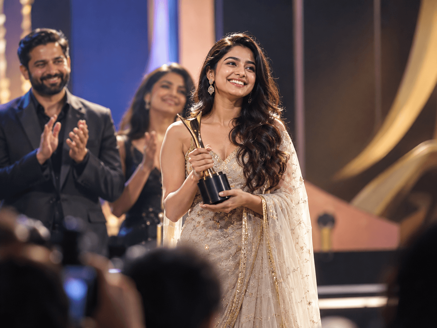 A creator holding her award at a ceremony