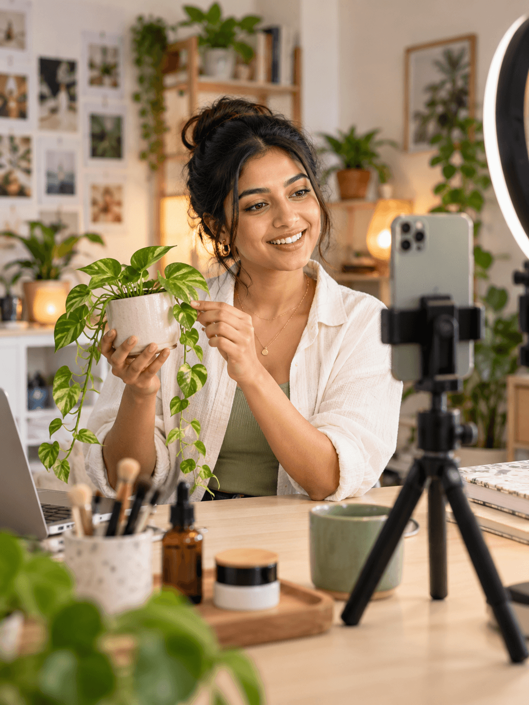 A creator filming a plant on her phone