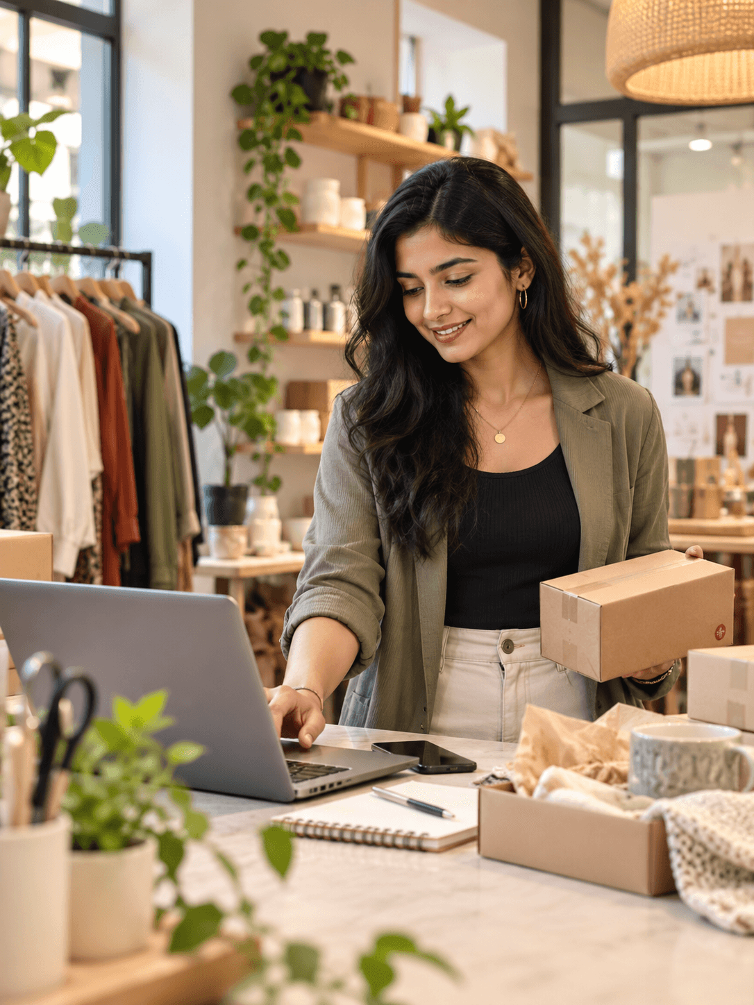 A founder packing orders beside her laptop