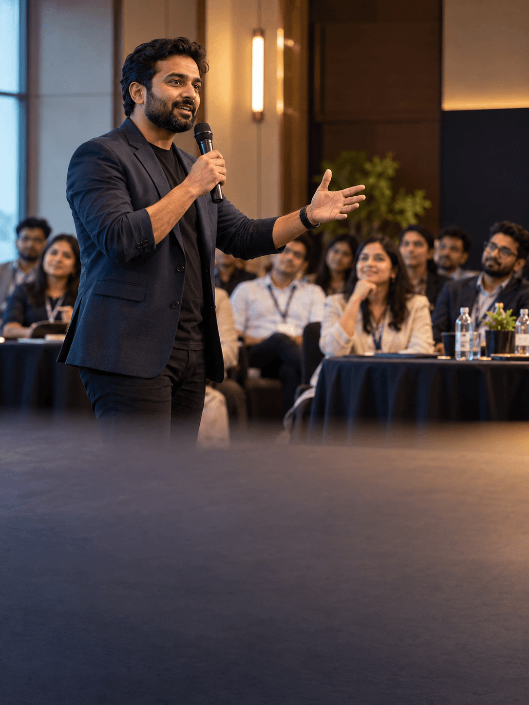 A speaker addressing an audience with a microphone