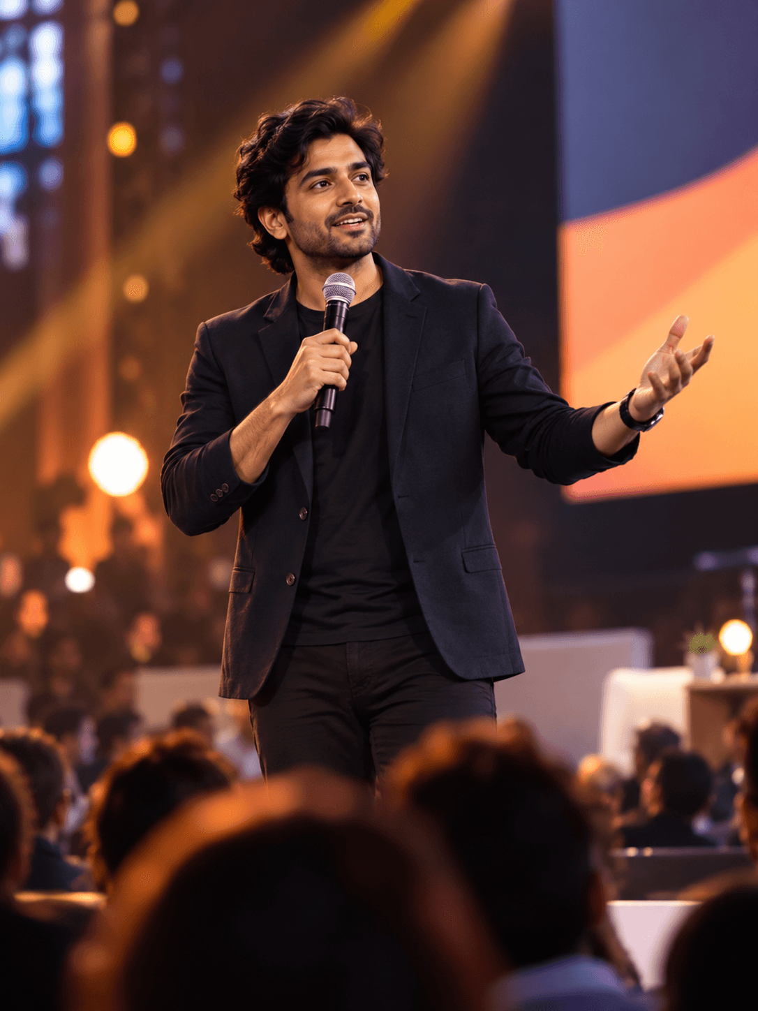 A speaker presenting on stage to a crowd