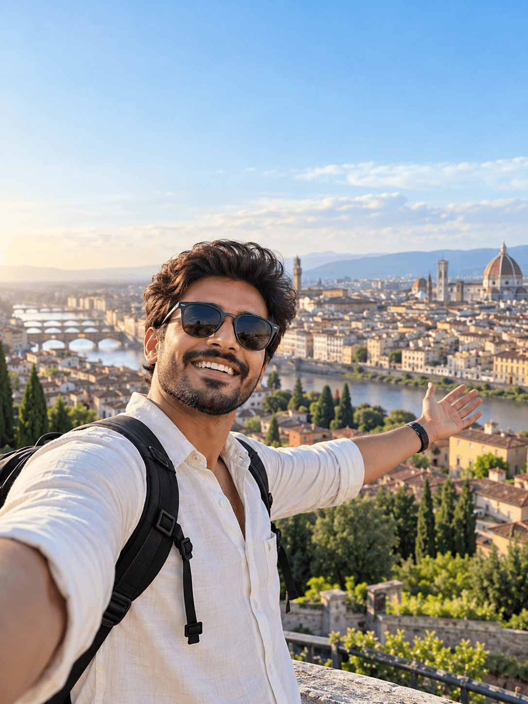 A creator taking a selfie above a European city